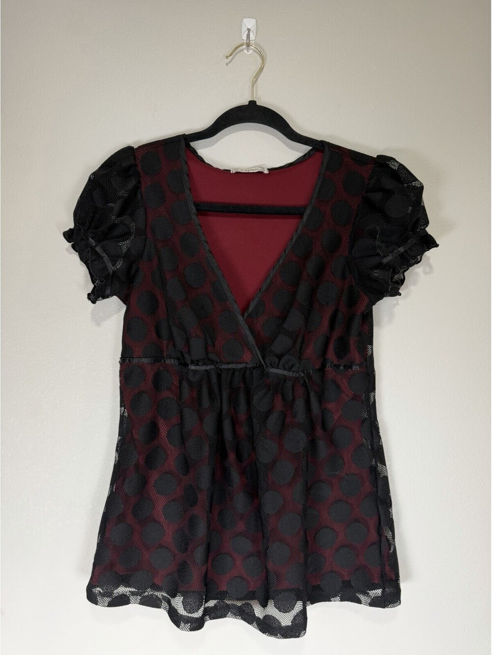 Y2K Babydoll Mesh Polka Dot Top Black Burgundy CapSleeve Whimsigoth Fairy Grunge